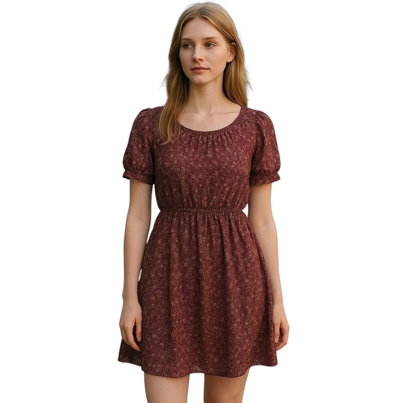 BCBGengeration Scoop Neck Burgundy Floral Fit & Flare Mini Dress 2 Preowned - Picture 1 of 9